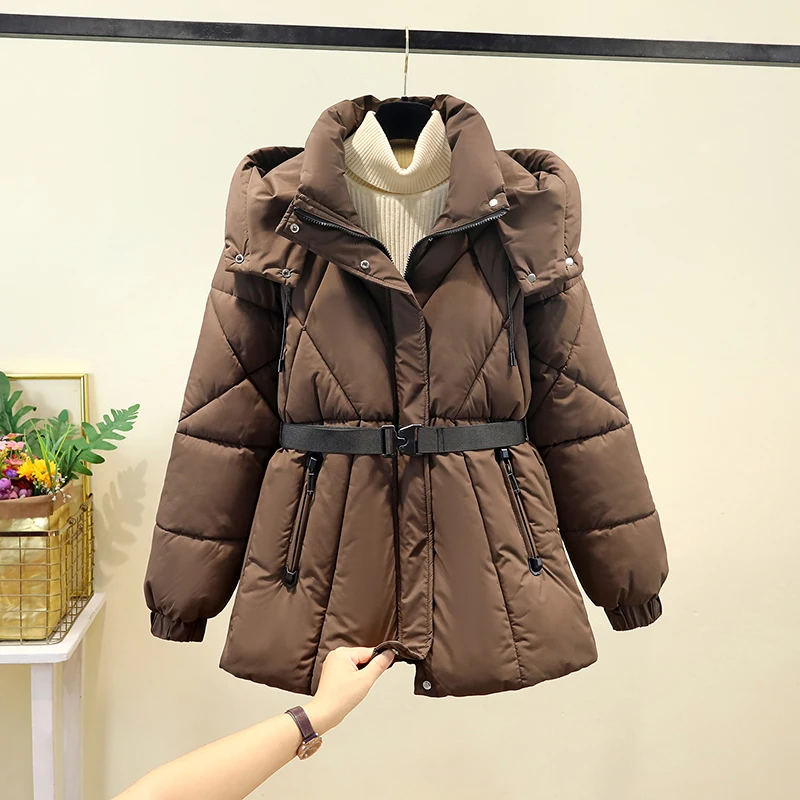 Jaket Wanita Musim Dingin Thiened Down Cotton dengan Topi yang Dapat Dilepas dan Sabuk Pinggang, Gaya Korea, Slim Fit, Panjang, Resleting