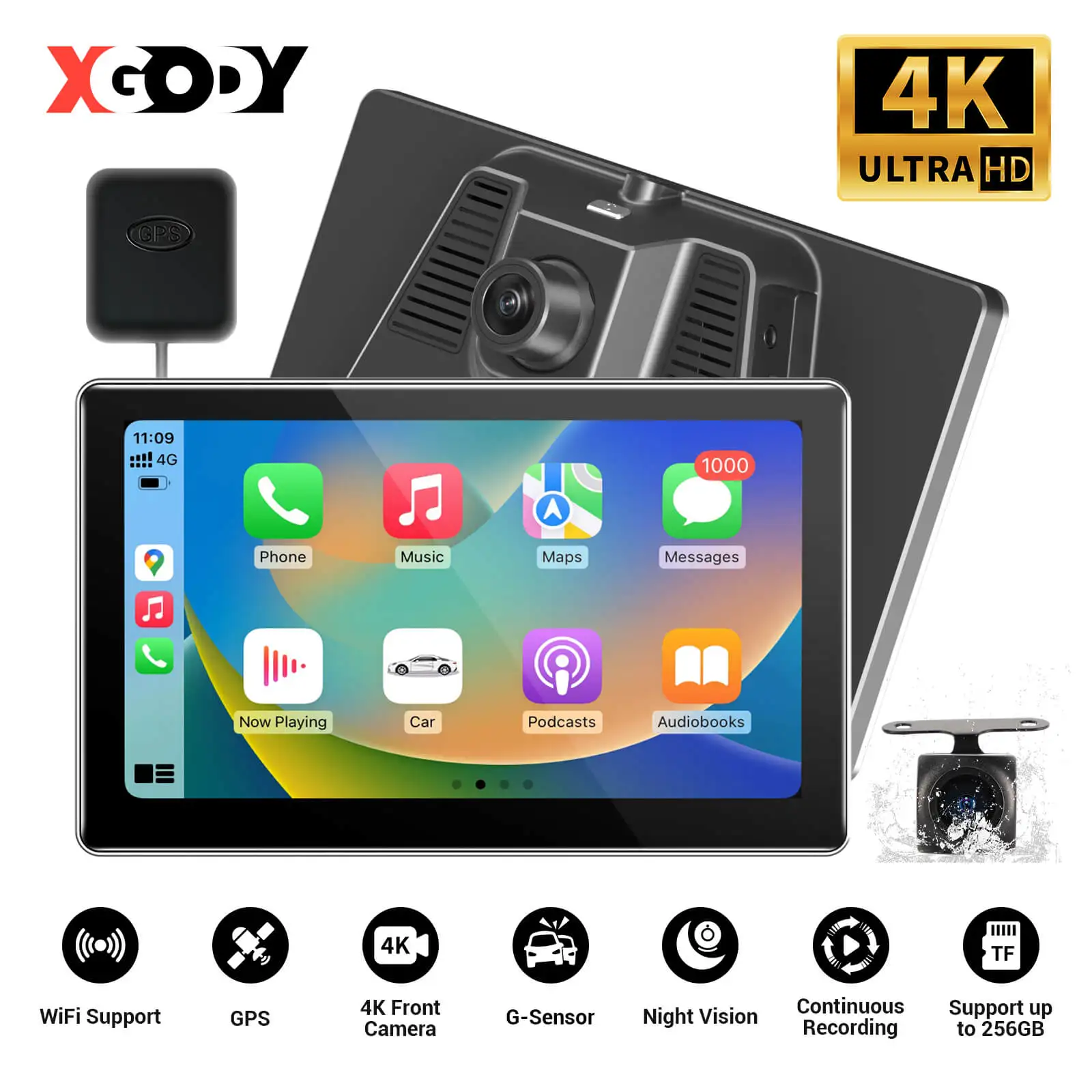 XGODY 4.0K CarPlay Dash Cam Wireless Android Car DVR Recorder Camera Front Rear GPS Bluetooth Dashboard Camera