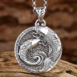 925 Silver National Style Glossy Double Fish Necklace for Men and Women New in Hollow Out Round Pendant Creative Vintage Jewelry
