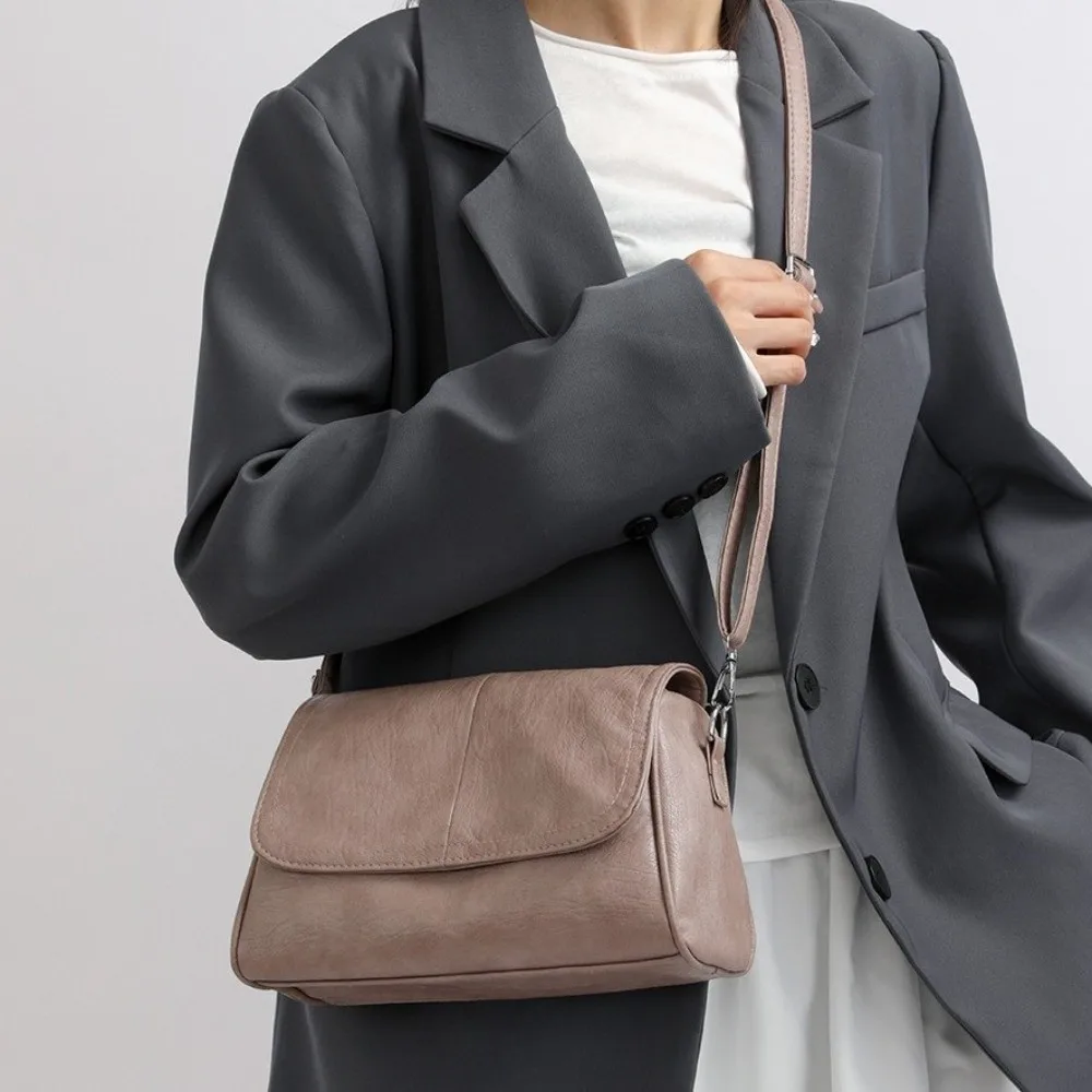 Oil Wax Middle Aged Mom Bag Flap Multi Pocket Large Capacity Shoulder Bag Korean Style Solid Color PU Crossbody Bag Women