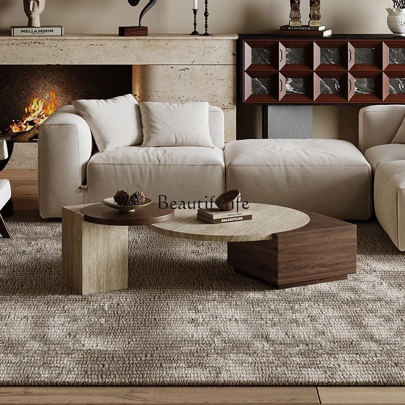 

ls 27Wabi Sandy Wind Solid Wood Travertine Size Coffee Table Combination Modern Light Luxury Minimalist Marble Tea Table