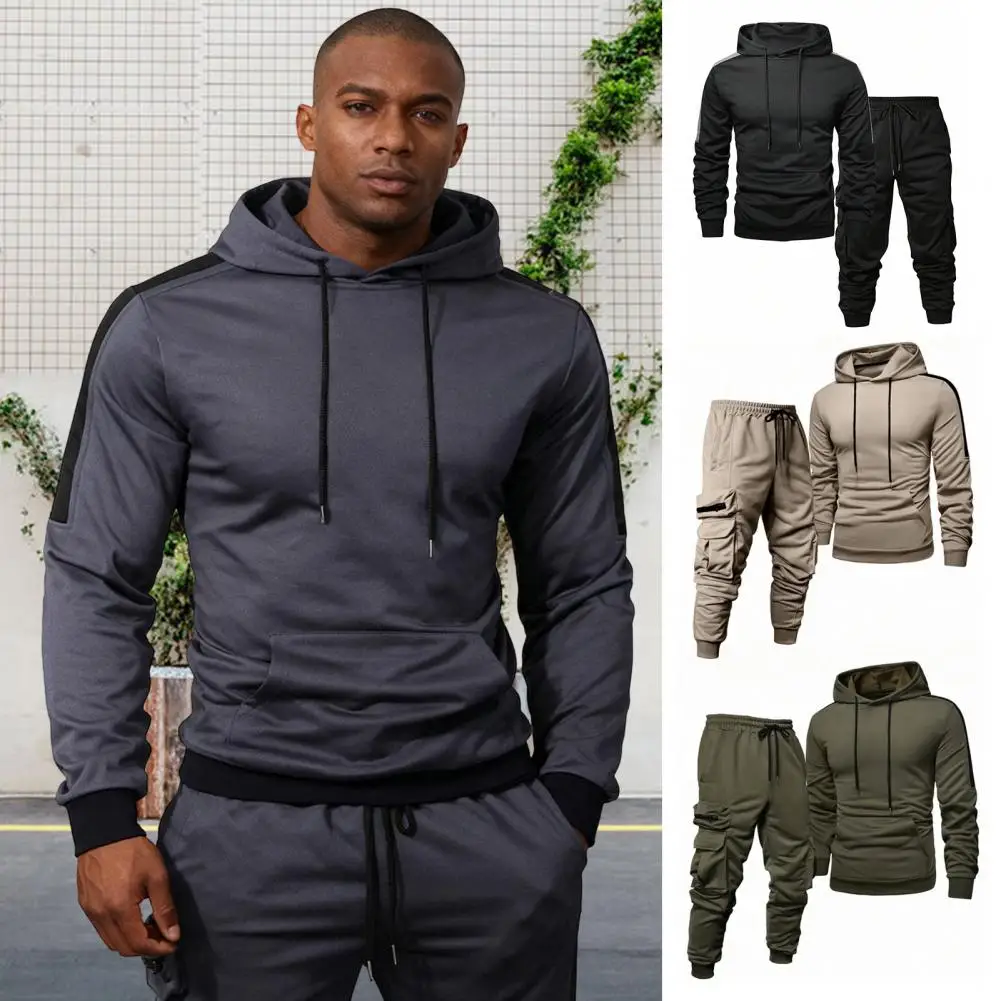 

2Pcs/Set Men Tracksuit Hooded Tops Bottoms Set Drawstring Sweatshirt Multi Pocket Men Sweatsuit Set Ribbed Cuffs Jogging Suit