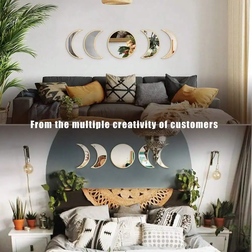 alosuka Moon Phase Mirror Set, 5 Piece Scandinavian Natural Decor Wall Decorative Acrylic Mirror Bohemian Moon Mirror For Living Room Bedroom, Home , Not Real Mirror Home Decor Back To School Room Decor School Supplies