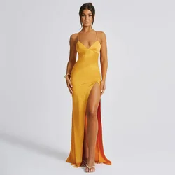 Sexy V-neck Halter Cut Out Women's Evening Dress Slim Back European Dress Double Satin dresses