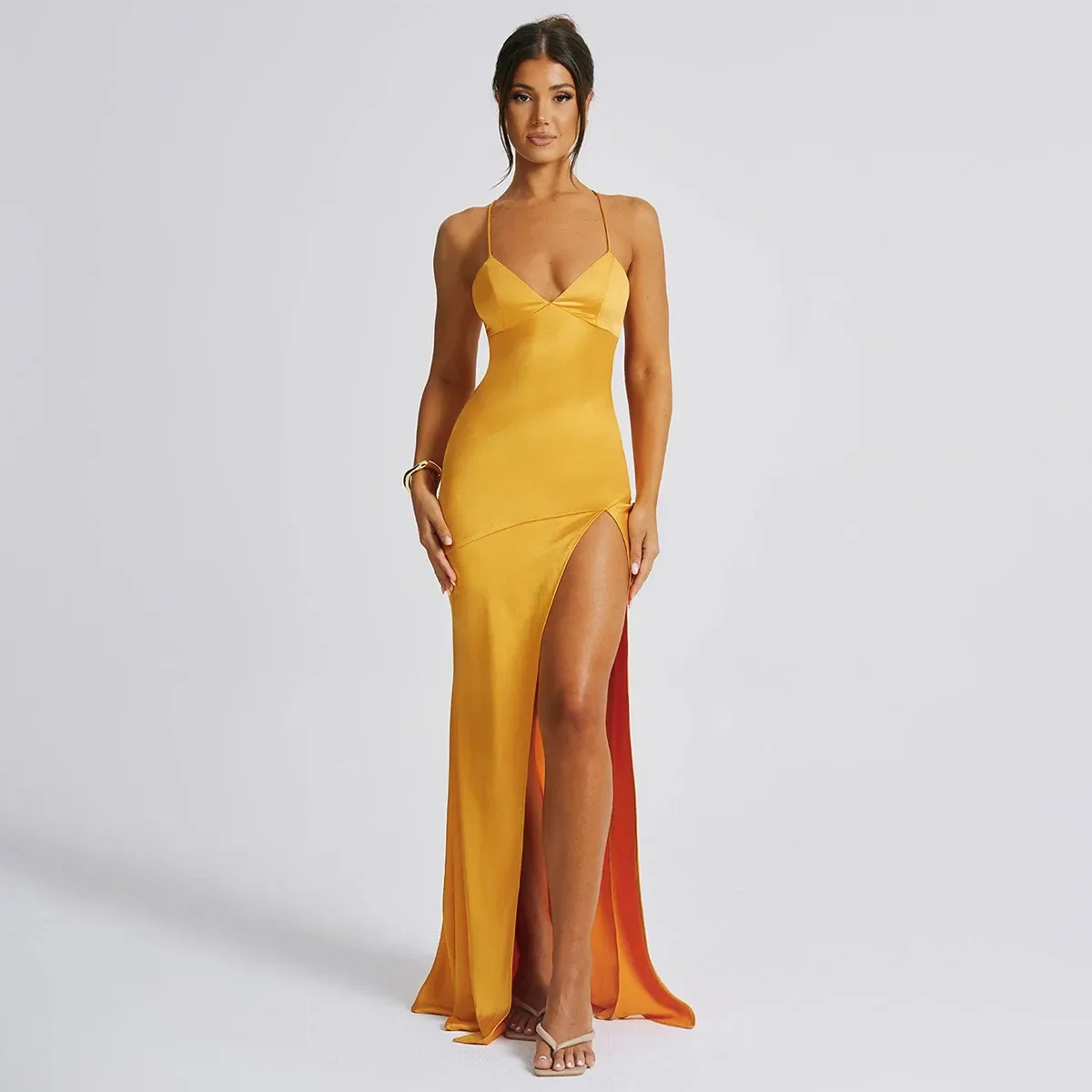 Sexy V-neck Halter Cut Out Women's Evening Dress Slim Back European Dress Double Satin dresses