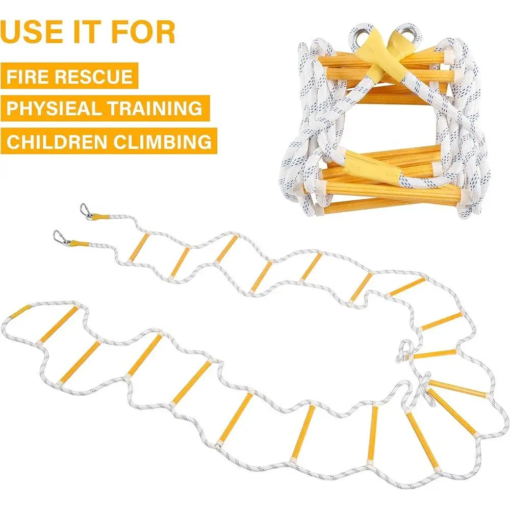 Emergency Fire Escape Ladder Flame Resistant Safety Rope 2 Hooks Compact Portable Reusable High Load Capacity Home Office School
