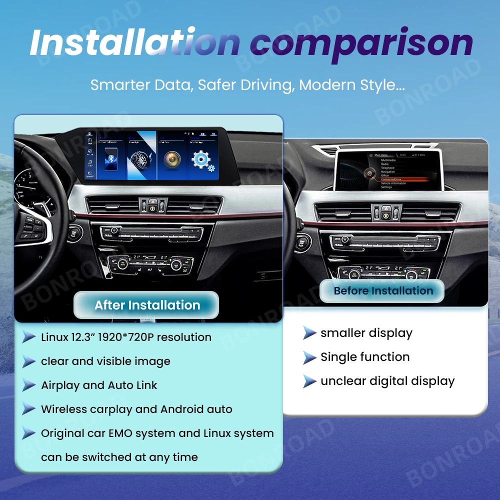 Reproductor Multimedia para coche BONROAD de 12,3 pulgadas, inalámbrico, CarPlay, Radio Blade, pantalla táctil, Android, para BMW X1 F48 2015-2020, sistema NBT EVO, pantalla de navegación 2