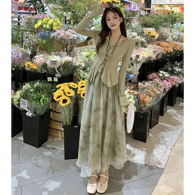 レディースファッション キャミソール 薄手シャツ 3点セット 春夏 花柄プリント 上下セット 2025 女性 インクウォッシュ ロングスカート 3点セット