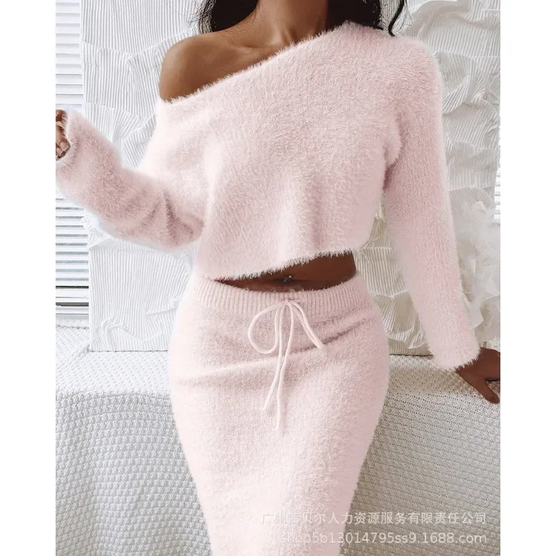 Long Sleeve Short Top Skirt Casual Woolen Trend Casual Dress Sets Sweater Women Skinny Knitted Skirts Fuzzy Knit Sweater Skirt