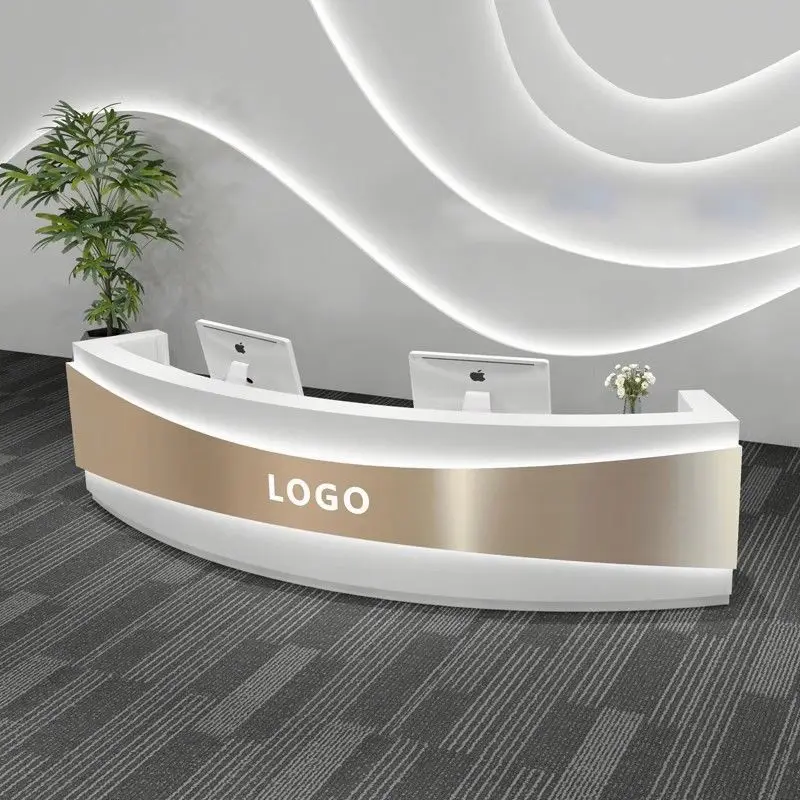 Durable Wood Round Modern Reception Desk with LED Light Black Gold Design and Gold Accents for School Gym & Mall Use