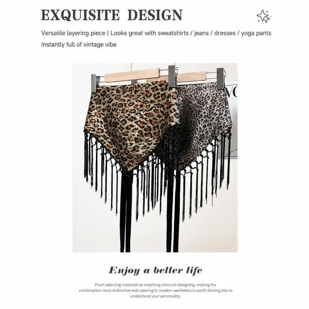 Hippie Leopard Print Triangle Hip Scarf Tie Dye Self-tie Waist Wrap Skirt Fringed Edge Tassel Fringe Wrap Y2K Fashion
