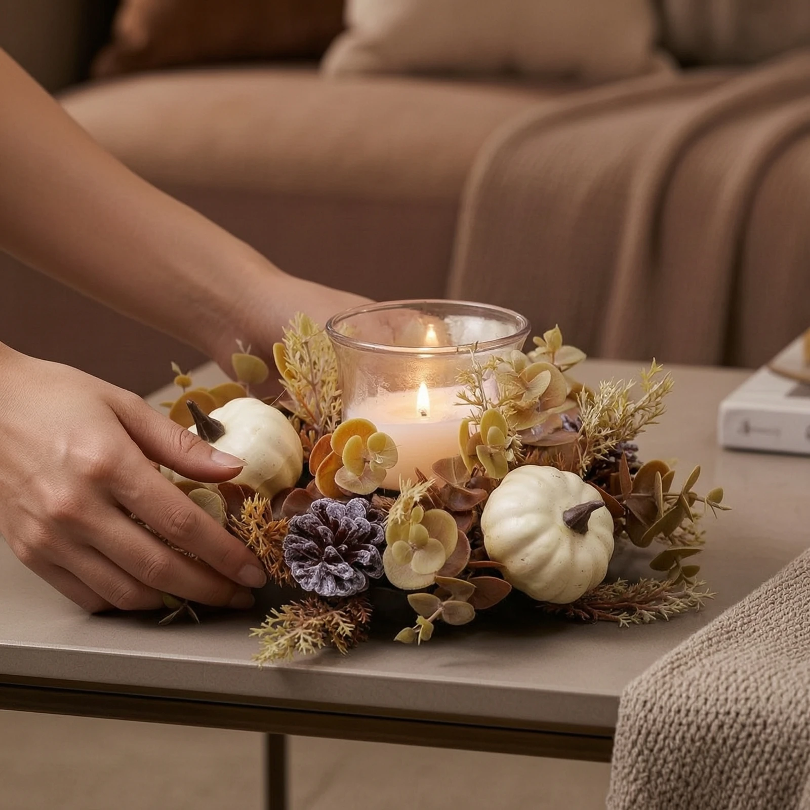 Wreath with Glass Holder Harvest Candle Circle Centerpiece Autumnal Wreaths Festive for Hosts, Tabletop, Thanksgiving view 6