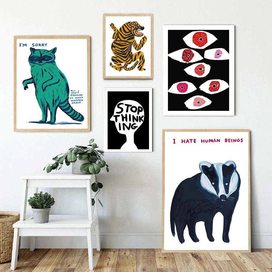 David Shrigley Flamingo Penguin Wolf Tiger Wall Art Canvas Painting Nordic Posters And Prints Wall Picture For Living Room Decor