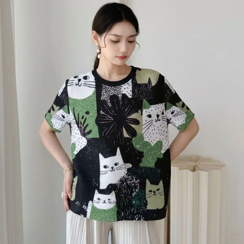 Miyake Pleated 3D Animal Print Design T-Shirt 2026 Summer New Short Sleeve Round Neck Loose Stretch No-Iron Top Women's Clothing