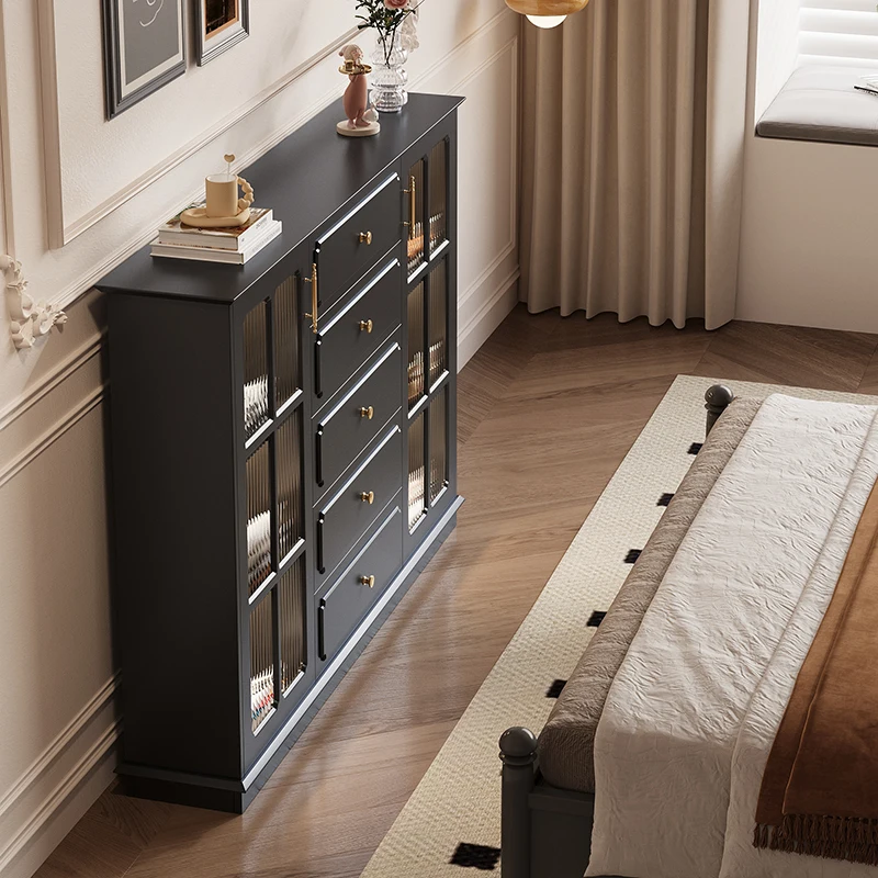 

American chest of drawers storage cabinet retro black wall locker with door bedroom very narrow bedside cabinet ultra-thin 30cm