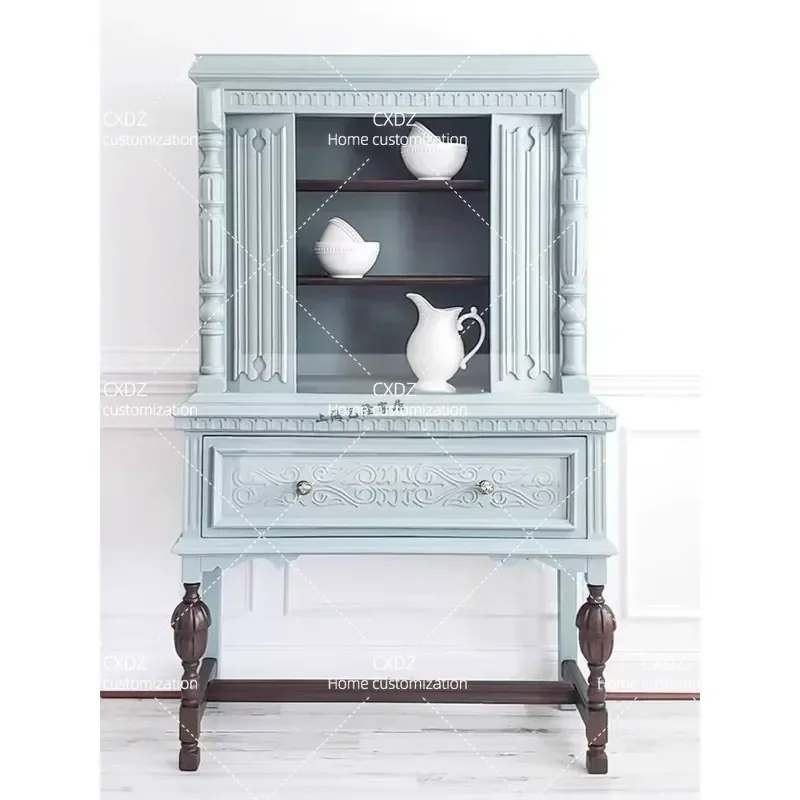 Solid Wood Carved Flower Vertical Wine Cabinet Wall Mounted Sideboard Retro Decorative Storage Locker for Living Room