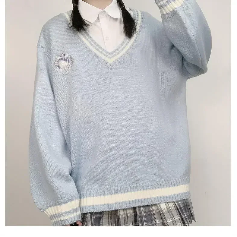 Jersey de punto con cuello en V para estudiante, suéter dulce, uniforme universitario, ropa de exterior japonesa para mujer, estilo coreano Suelto