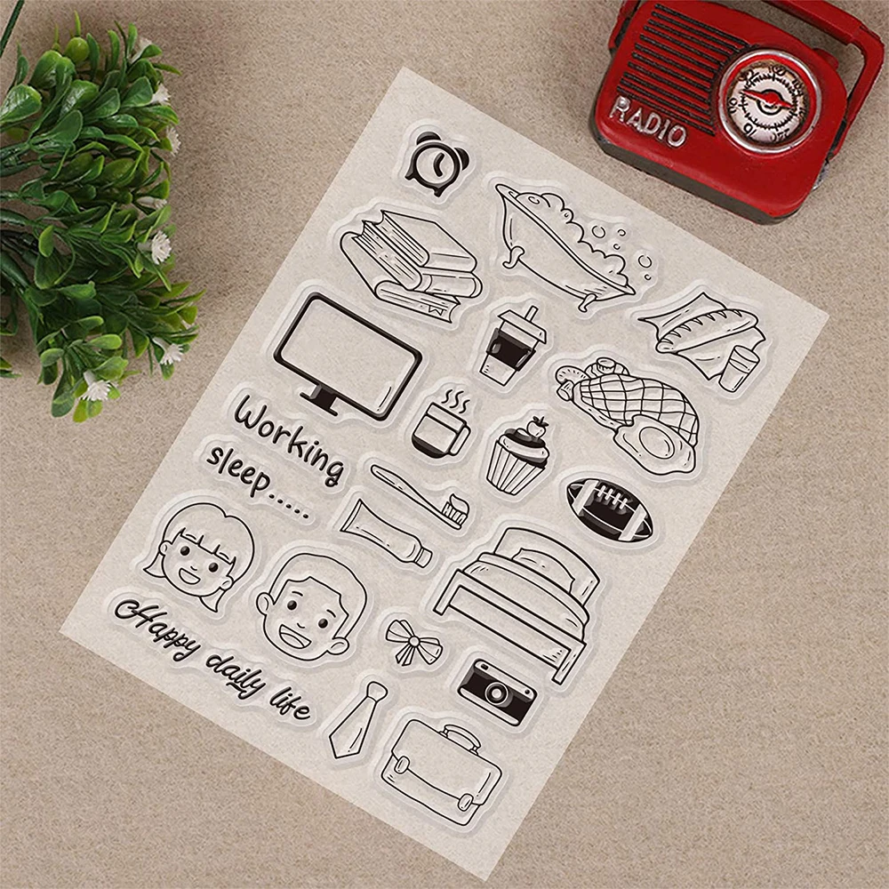 9 Sheet Silicone Clear Stamps Seal Clip Book Pen Ink Daily Life Sweet Tea Time for DIY Scrapbook Card Making Envelope Decoration