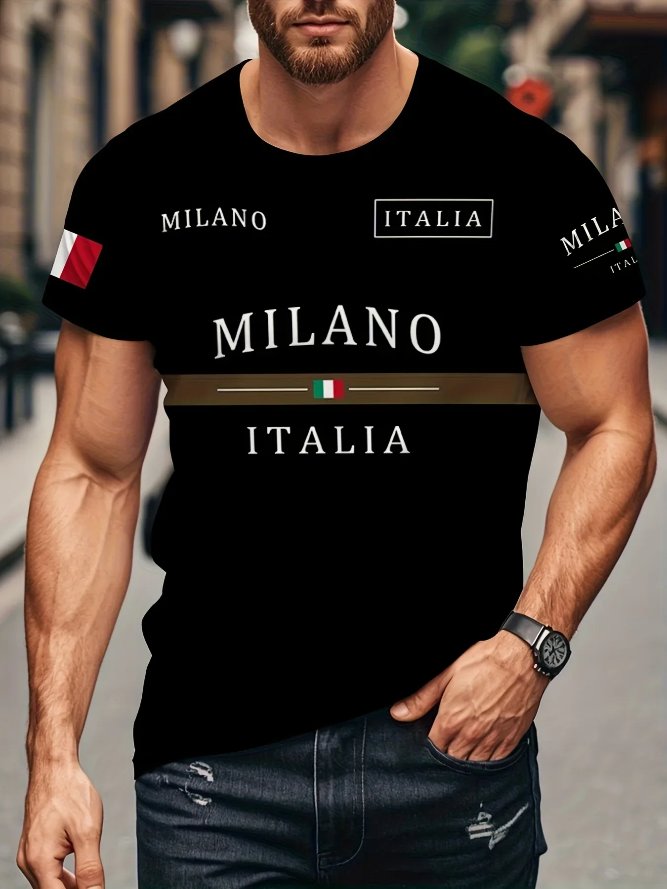 تي شيرت رجالي برسومات ميلان إيطالية مريح قابل للتمدد ورقبة دائرية أسود مع علم إيطالي وطباعة "ميلانو إيطاليا".