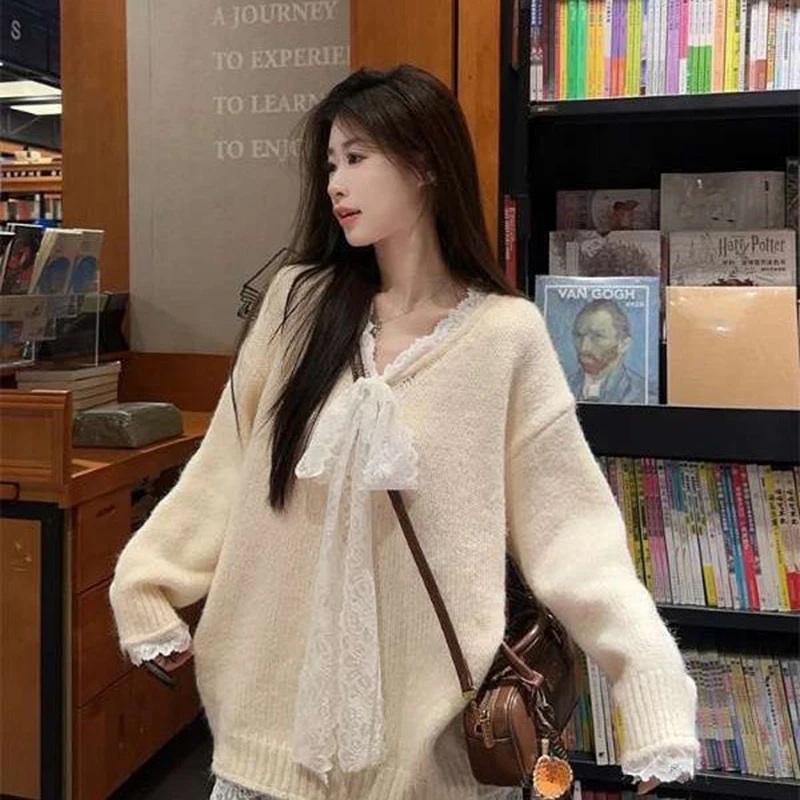 Lace Bow Sweater Women Fall Loose Lazy Sweet V-Neck Kintted Jumpers Solid Pretty Style Hip-Hop Fashion Casual Lady Pullover