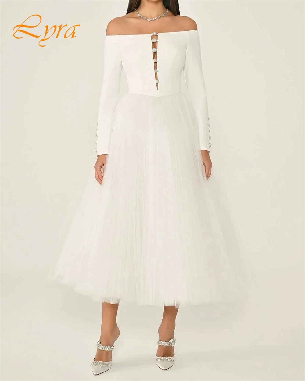 فستان سهرة مخصص رشيق من الأورجانزا على شكل حرف a برقبة قارب وأكمام طويلة فساتين لحضور الحفلات الموسيقية الفاخرة للمناسبات الخاصة