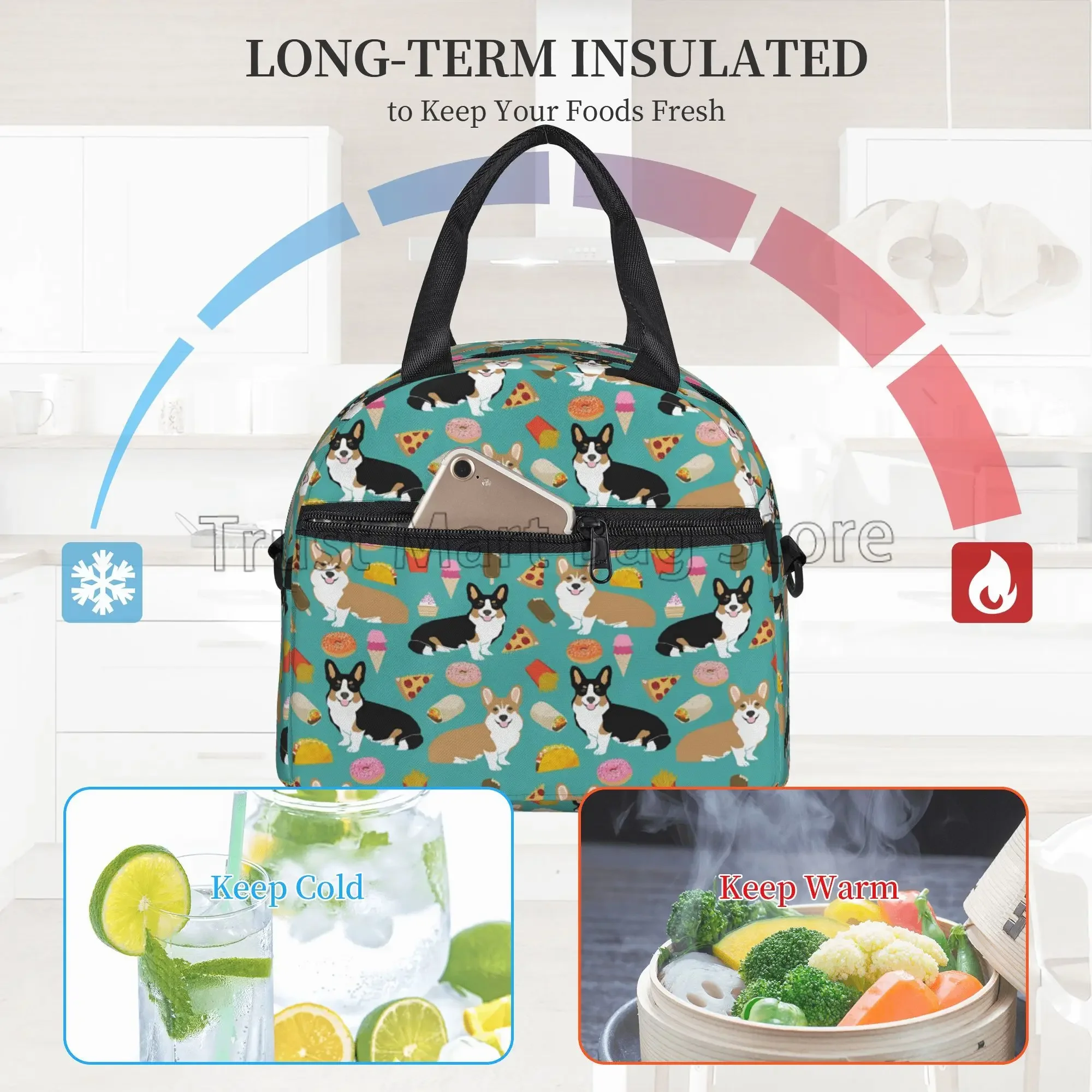 Cute Corgi Dogs Thermal Lunch Bags for Women Children Funny Kawaii Corgi Animal Insulated Lunch Box Tote Bag with Shoulder Strap