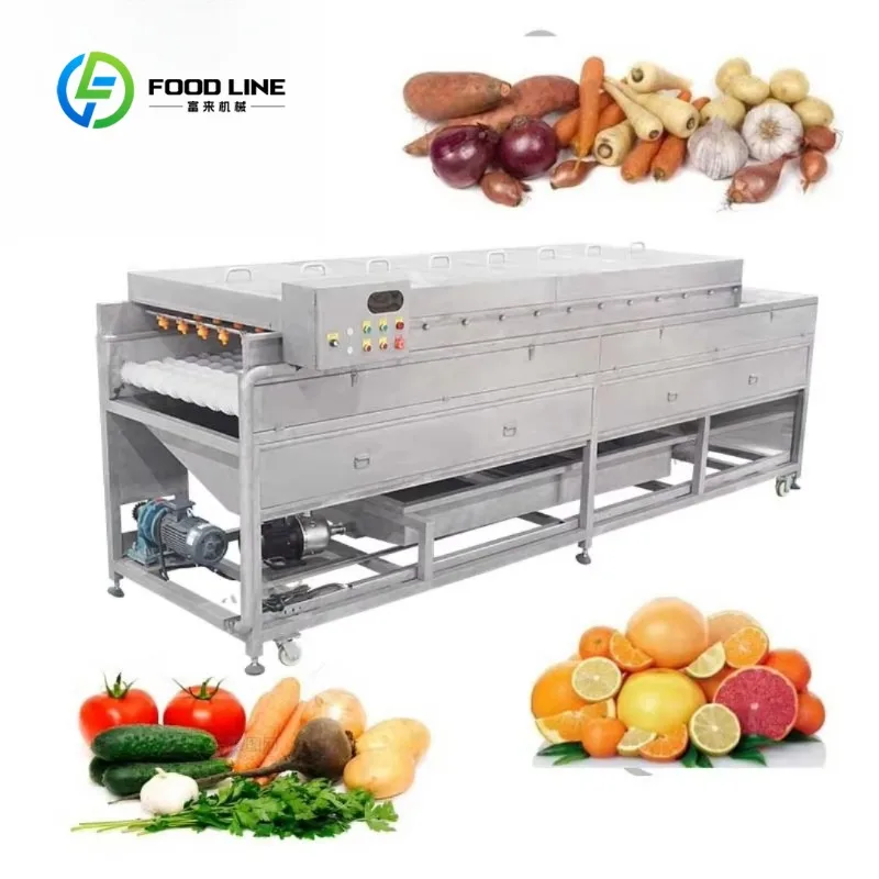Máquina de lavado y pulido de rodillos con cepillos suaves para verduras de raíz y frutas, como sandía, manzana, ciruela, ciruela seca y patata.