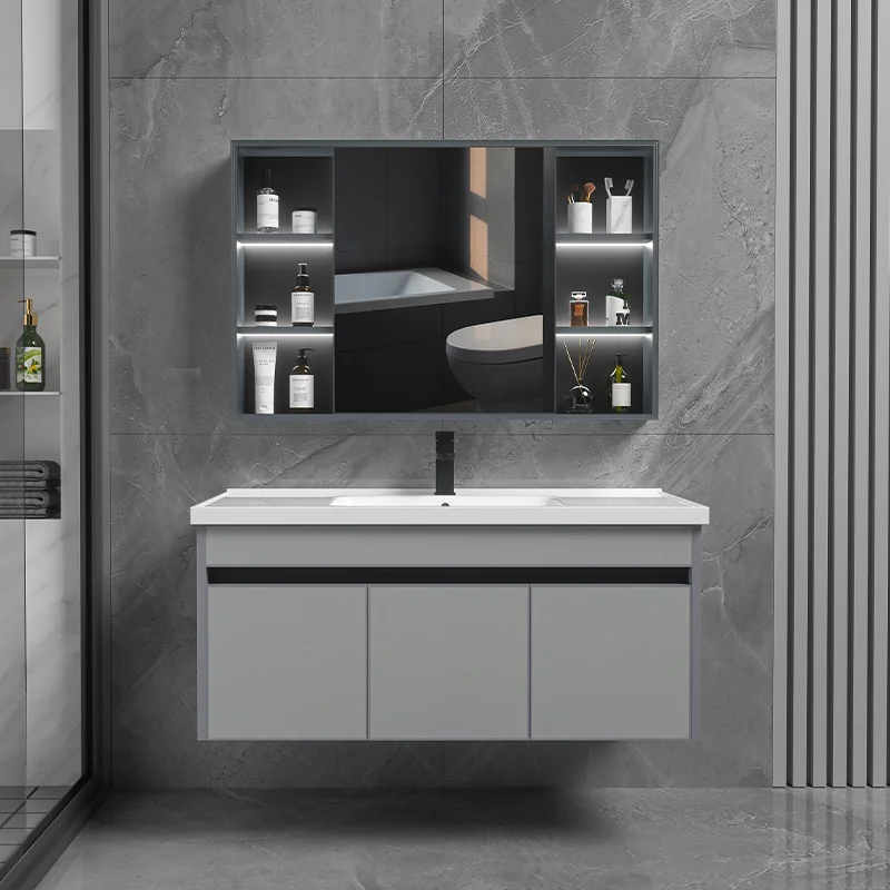 Various Styles Wall Mounted Sensor Touch Light Smart Mirror Cabinet Bathroom Vanity with Rock Plate Ceramic Basin