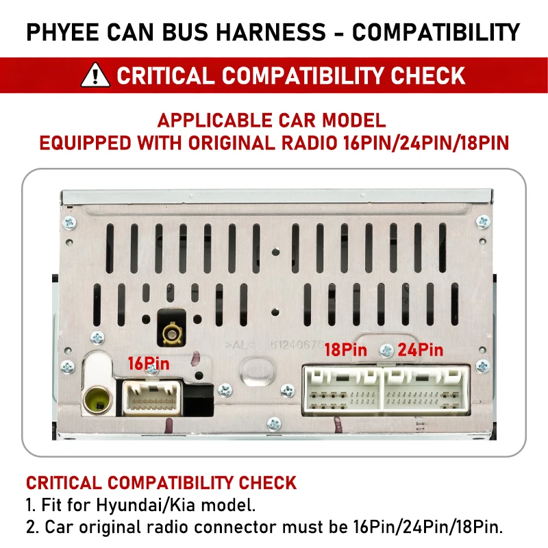 16Pin/24Pin/18Pin Harness with CAN Bus Decoder for Hyundai Elantra Kia Sportage, Support SWC, Plug & Play, 16Pin Android Adapter