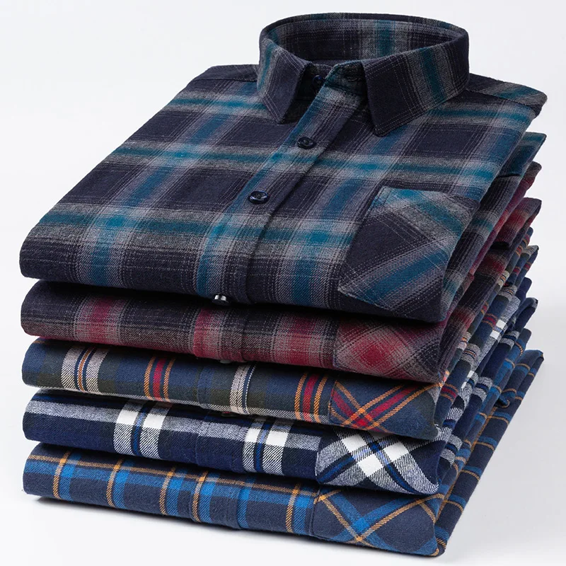 plus size Casual long-long-sleeve shirts for men soft plaid pocket shirt 100%cotton sanding vitage clothes social slim fit dress