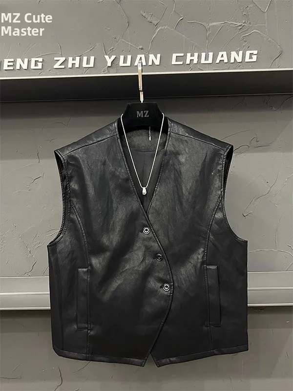 

Large Size 300 Pou Spring Autumn V-ne Tee-button Biker Jaet PU Leather Vest ex Lightweight Faionable Outerwear