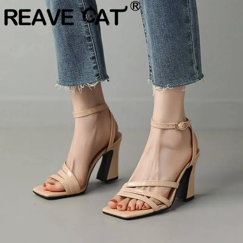 

REAVE CAT 2023 Women Sandals Square Toe Buckle Strap Patent Leather Plus Size 41 42 43 Sexy Dating Shoes Strange Heels 9cm