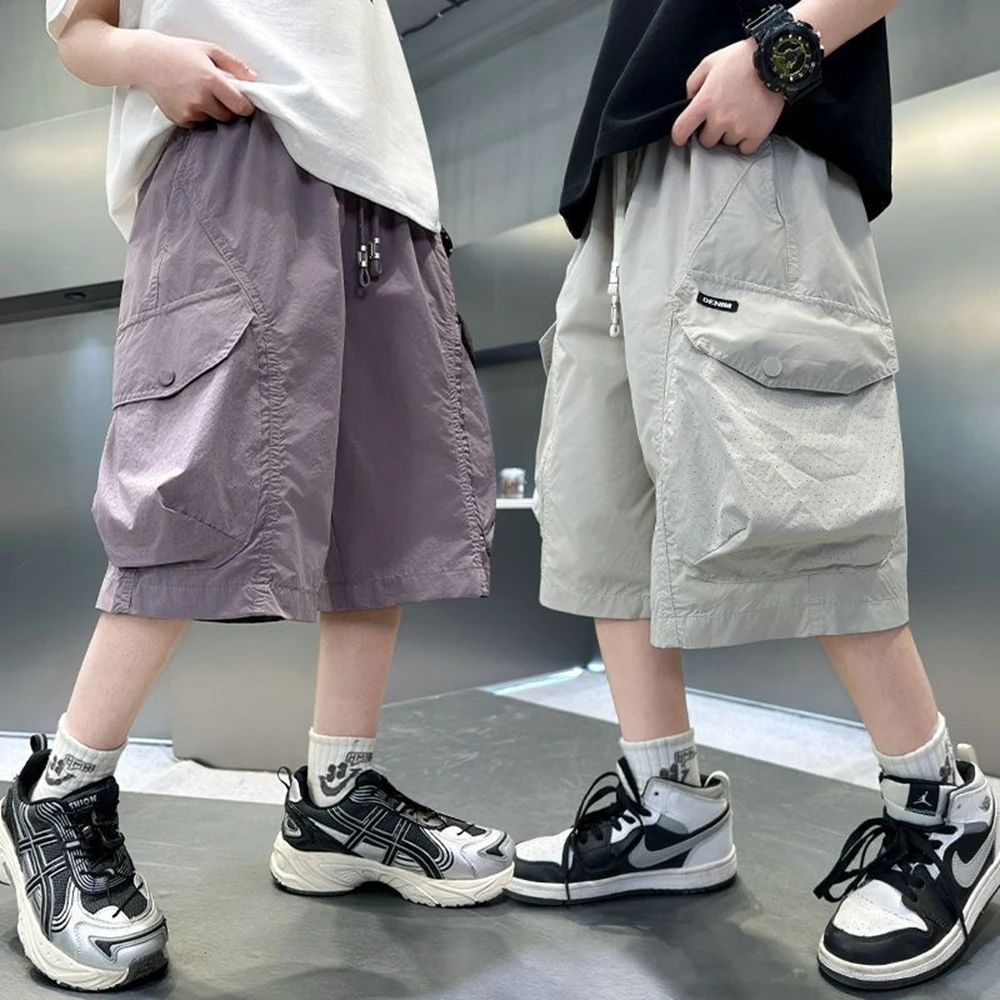 Teen Boys New Design Summer Cargo Shorts With Pocket for Kids Child Casual Khaki Purple Cotton Knee Length Short Pants Age 5-14Y
