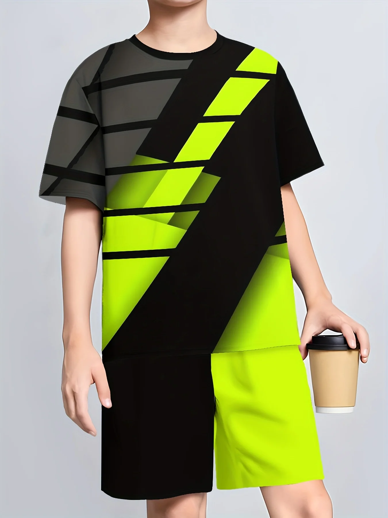 

2-piece Boys' Casual Sports Striped Checkered Pattern Print, Comfortable and Versatile Short Sleeved T-shirt and Shorts Set,