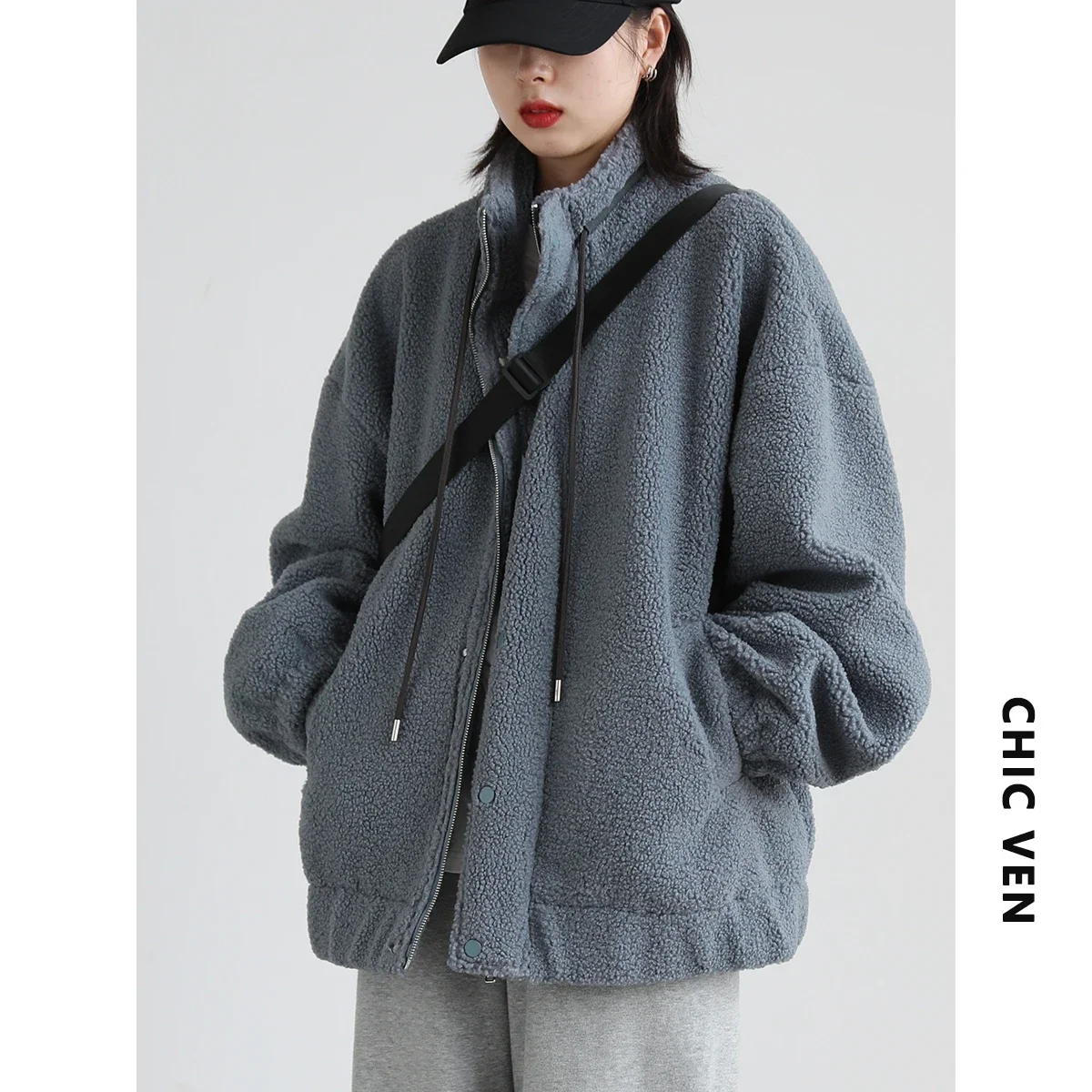 CHIC VEN Women\'s Jackets Loose Casual Streetwear Stand Collar Female Parka Plush Jacket Thick Warm Overcoat Ladies Winter 2022