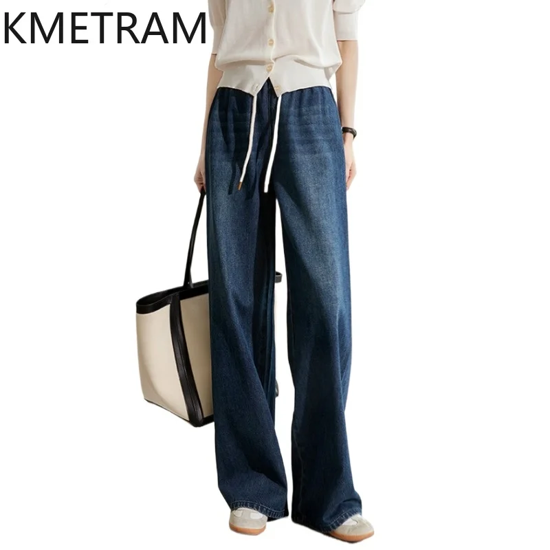 

KMETRAM Cotton Lyocell Linen Blend Pants for Woman Dark Blue Wide Leg Jeans Summer Casual Trousers New Women Clothing 2026 штаны