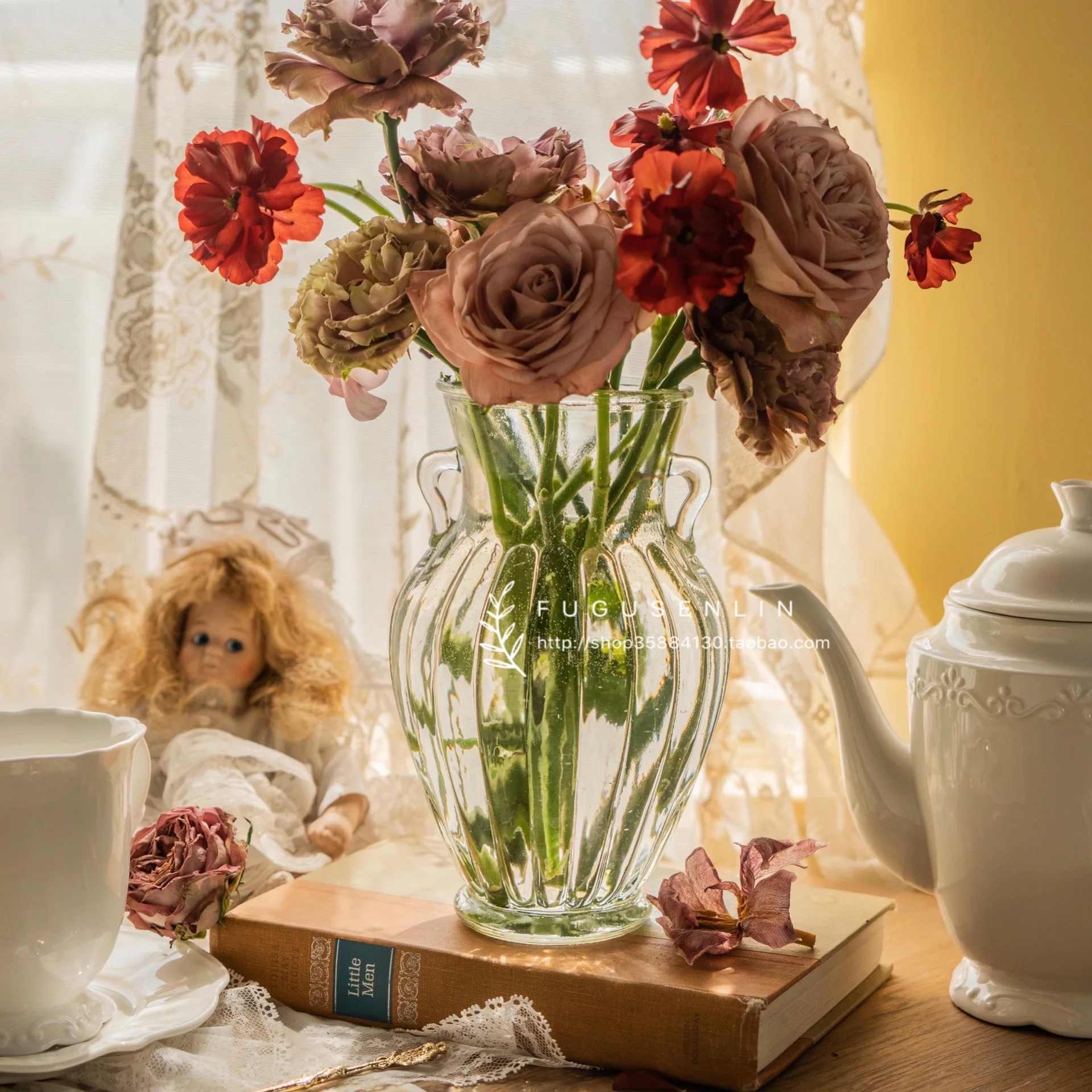 Retro French Double-Handled Pot Shape Transparent Glass Vase