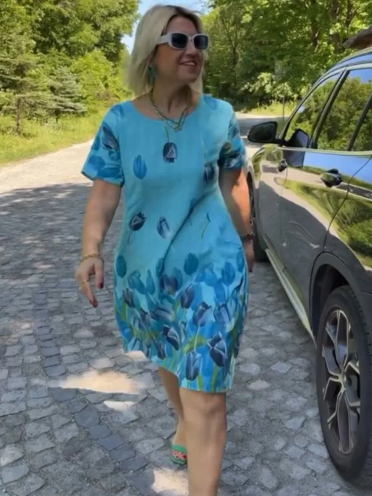 Damen-Kleid mit Blumendruck, lässig, O-Ausschnitt, kurze Ärmel, Pullover, Minikleider für Damen, modisch, Boho-Urlaubsrock, Damenbekleidung