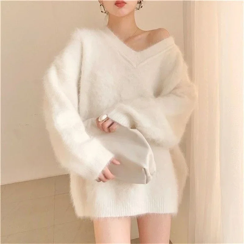 

Sexy stylish v-imitation mink velvet pullovers knitted autumn winter often loose long sleeve 2024 top white LU138