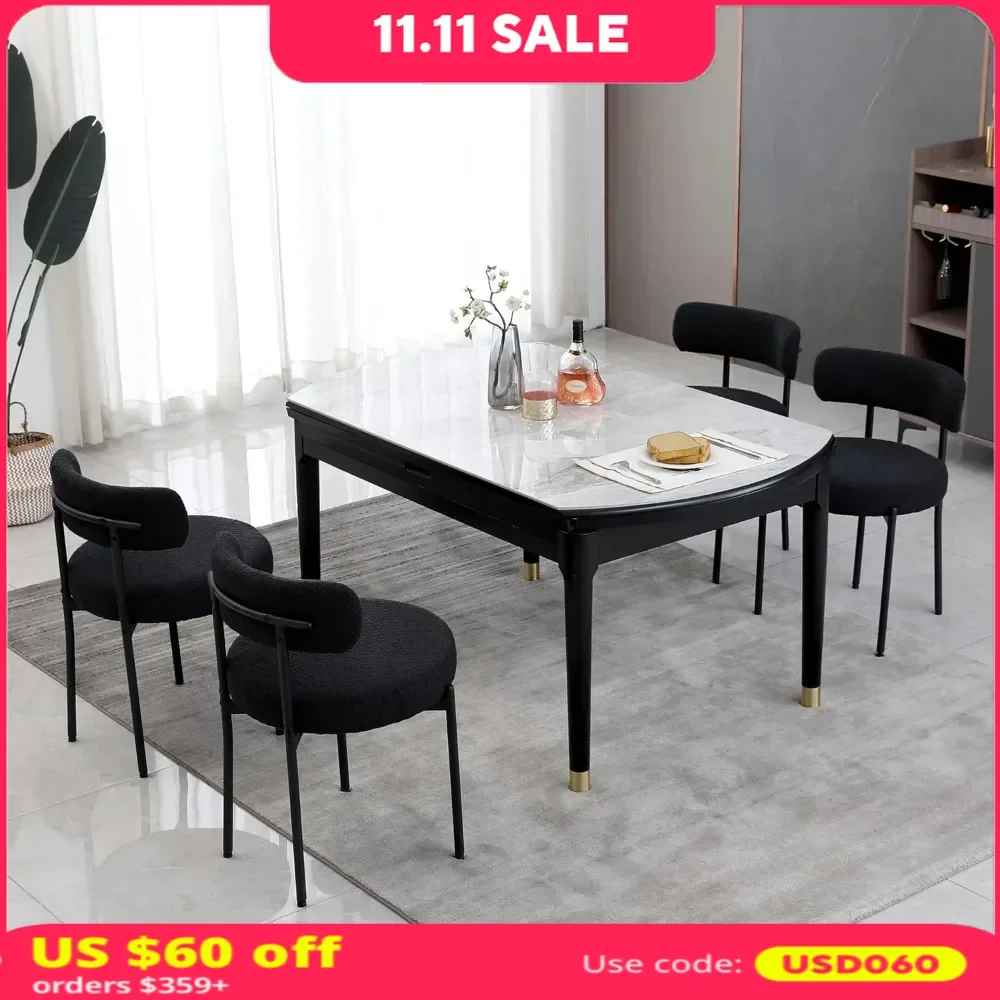 

4 Piece Dining Chairs, Curved Backrest Round Upholstered Boucle Sherpa Dining Chair with Black Metal Legs, Dining Chair