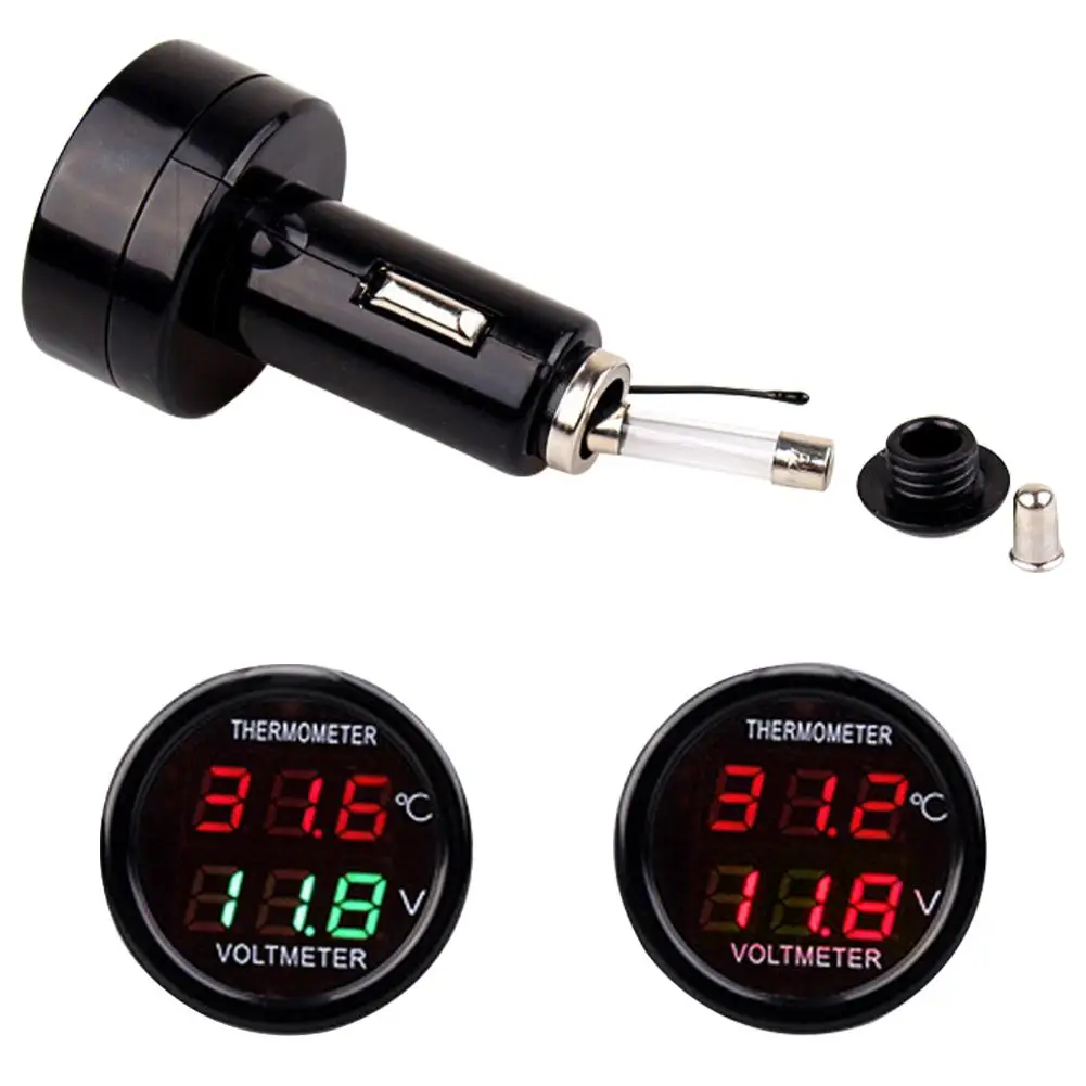 3 In 1 12/24V Car Volt Meter With Digital LED Display USB Charging Charger Temperature Meter Voltmeter Charger Cigarette Lighter
