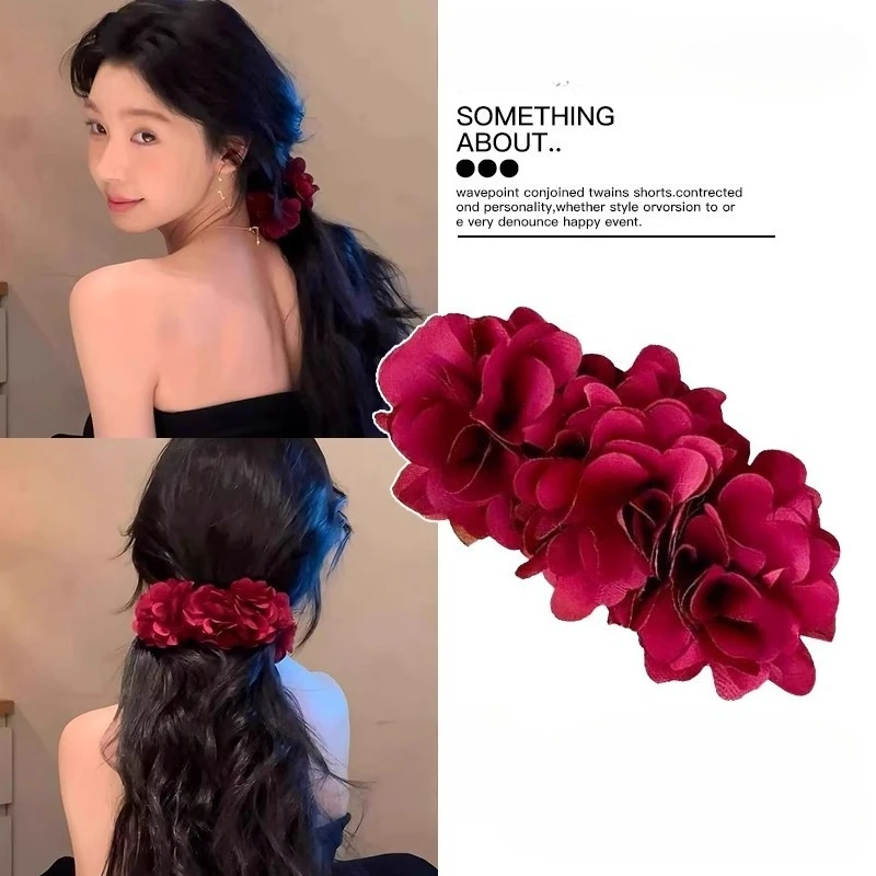 

1 Piece Vintage Rose Banana Clip for Girls Fashion Rose Red Floral Elegant Half Up Hair Clip for Women Retro Floral Hair Claw