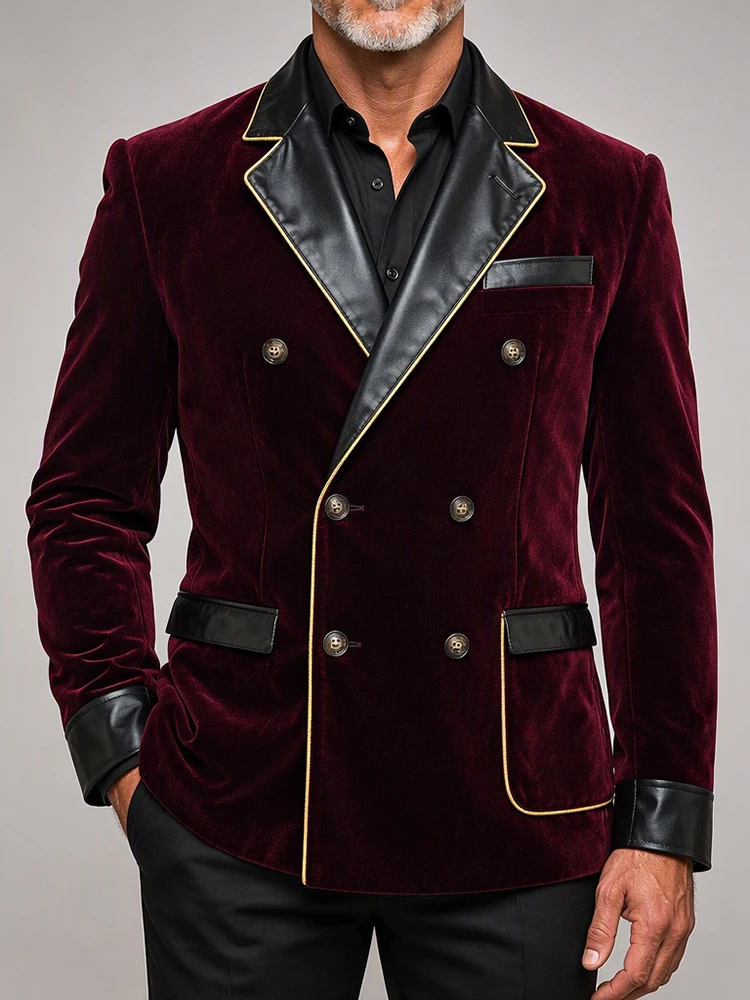 Men's High Quality Velvet Blazer Faux Leather Lapel Gold Piping Double Breasted Jacket Dinner Party Evening Formal Outerwear