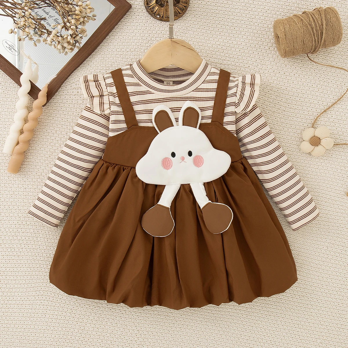 Korean Style Baby Girl Brown Striped Spliced Cartoon Dress Autumn Toddler Long Sleeved Fashion Lovely Casual Dress