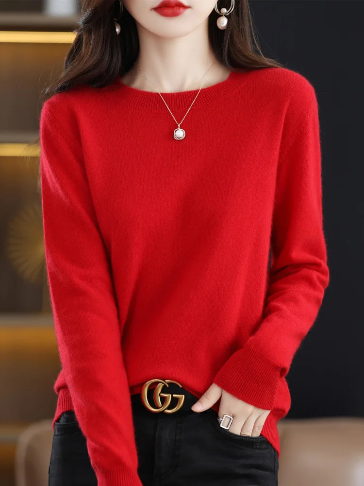 New 100% Merino Wool Women\'s Sweater O-neck Pullover Spring Autumn Cashmere Knitwear Basic Female Long Sleeve Wool Clothing Top