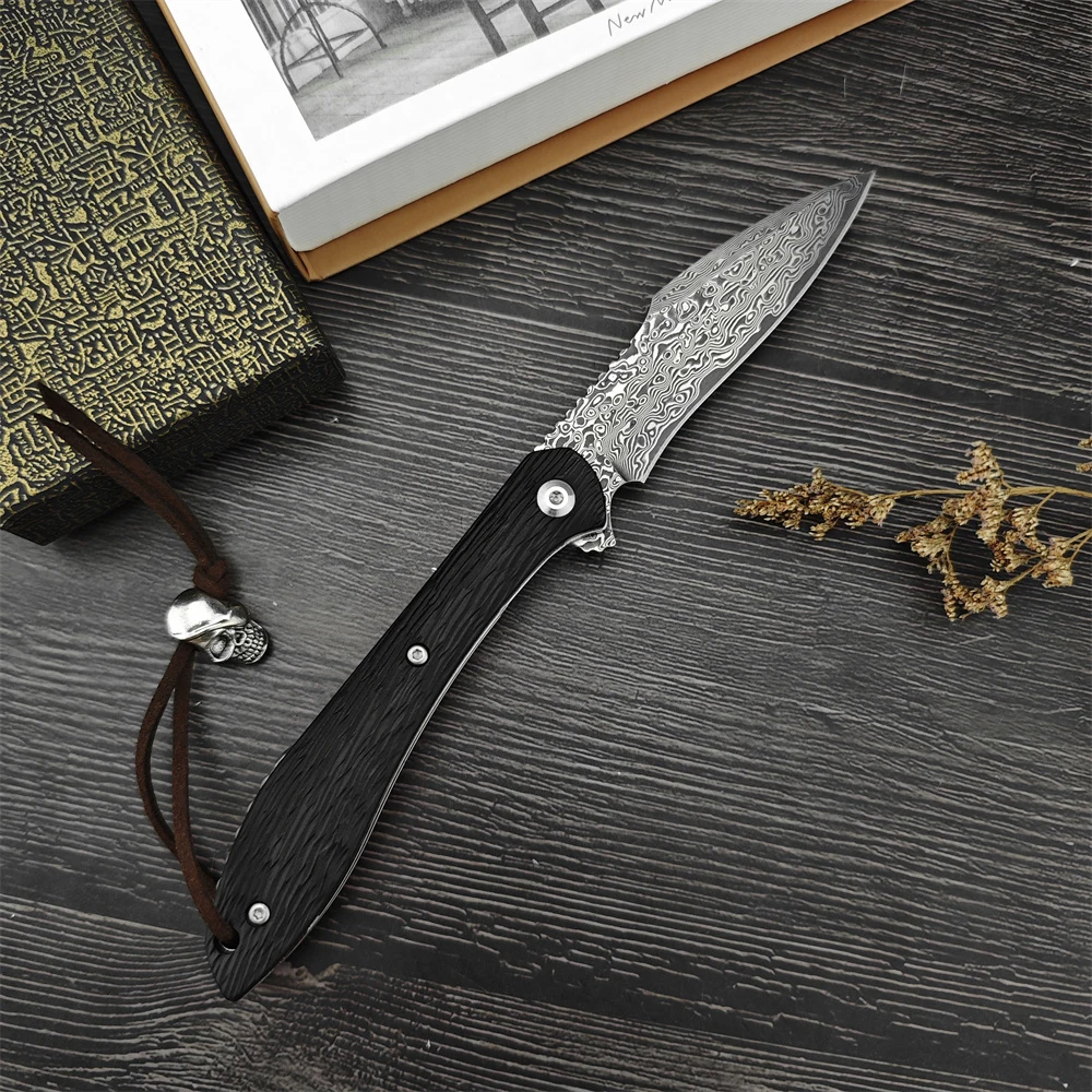 Portable Folding Knife Damascus Blade Ebony Handle EDC Outdoor Flipper Knife Self Defense Survival Multi Tool Fruit Knife