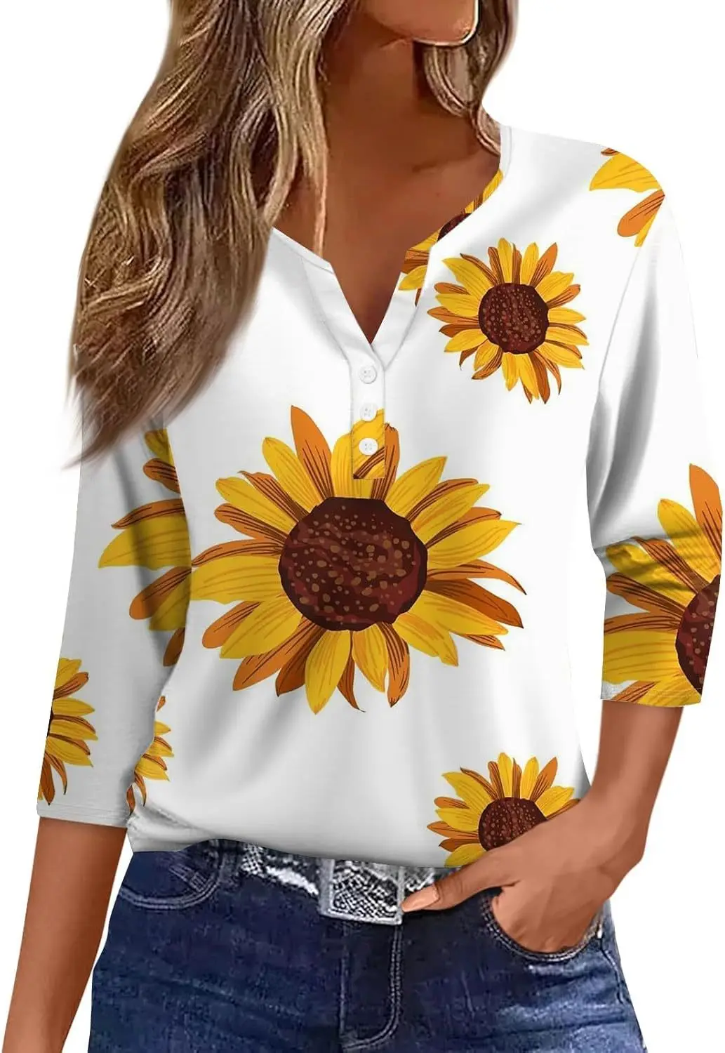 

New Style With Loose Texture And Daisy Pattern, Summer Seven Quarter Sleeve Women's Button Factory Direct SalesWG23