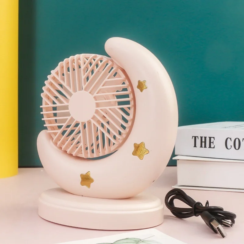 Portable Desktop Fan 2 Speeds Wind USB Rechargeable Fan Cartoon Moon Shape With Battery