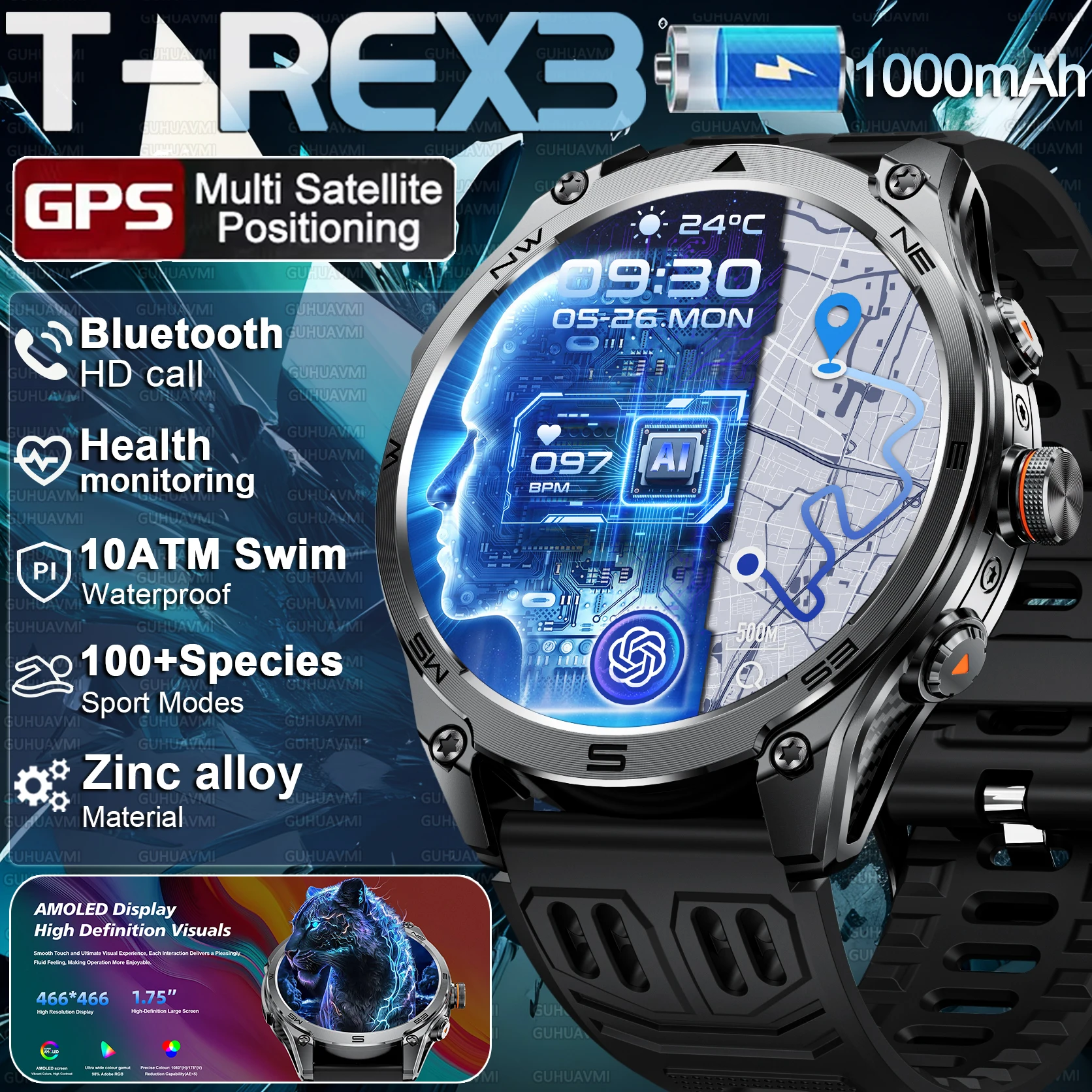 Military T-Rex 3 Ultra GPS Smart Watch 1000mAh Battery 10ATM Waterproof Compass Flashlight Sports trackr HD call Smart watch Men