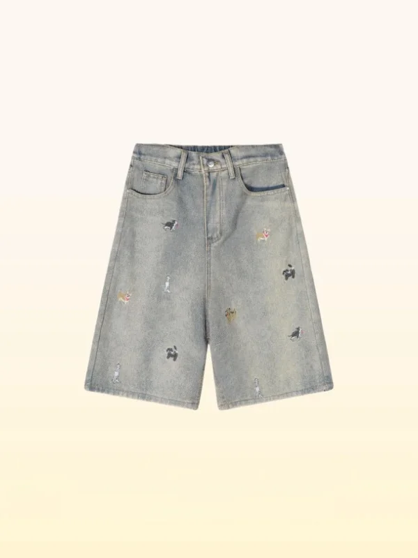 

Мужские джинсовые шорты с вышивкой в американском стиле High Street, винтажные, летние, тонкие, средней длины, до колена, с эффектом потертости, премиум-класса